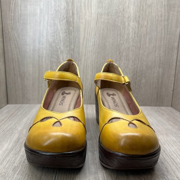 Venus Mary Jane Platform Shoes Womens 37 Adjustable Strap Cut Out Leather Yellow - Picture 4 of 12